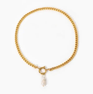 Clasp fresh water pearl pendent chunky curb cuban link stainless steel 18k gold plated chain choker gold - LA pink moon