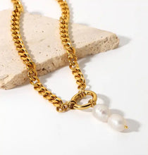 Load image into Gallery viewer, Clasp fresh water pearl pendent chunky curb cuban link stainless steel 18k gold plated chain choker gold - LA pink moon
