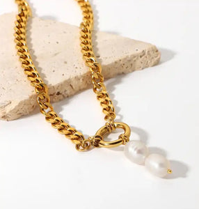 Clasp fresh water pearl pendent chunky curb cuban link stainless steel 18k gold plated chain choker gold - LA pink moon