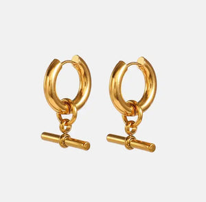 Fashion 18k gold earring simple design fine jewelry T bar pendent gold hoops earrings stainless steel earrings women - LA pink moon