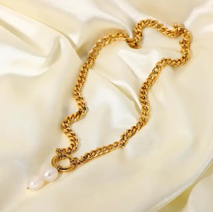 Clasp fresh water pearl pendent chunky curb cuban link stainless steel 18k gold plated chain choker gold - LA pink moon