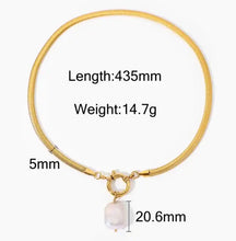 Load image into Gallery viewer, Stylish flat baroque pearl pendent waterproof 18k gold spring clasp stainless steel oval snake chain choker necklace for women - LA pink moon
